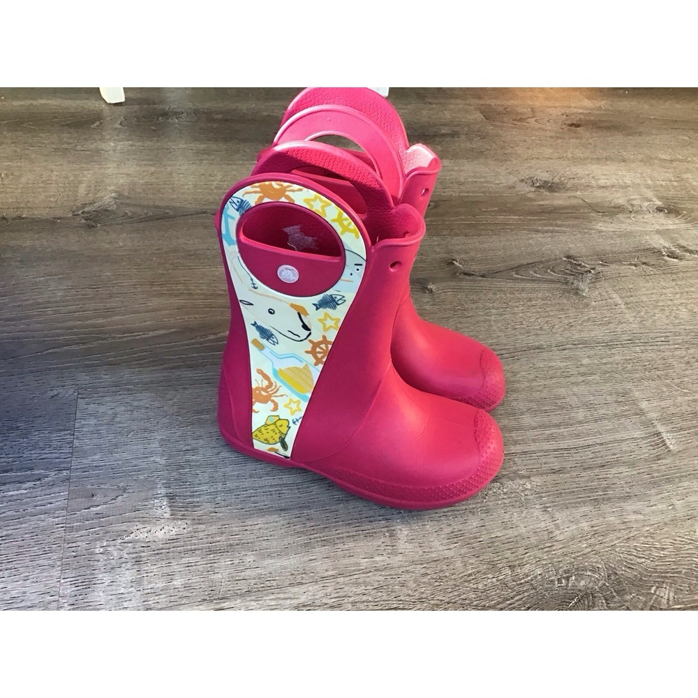 Crocs Rain Boots Kids Girls 3 Pink Croslite Nautical Sea Life Graphic 203381 J3